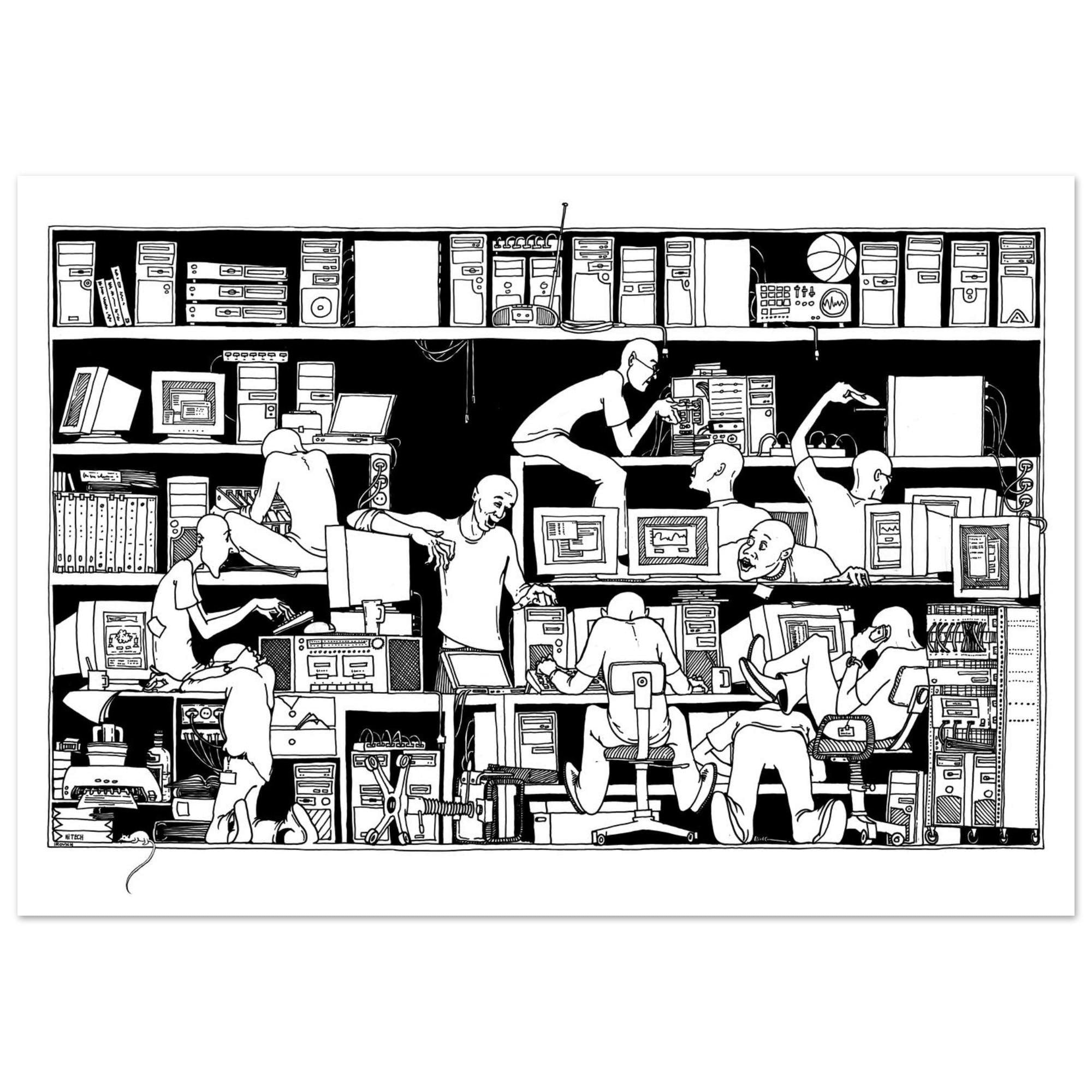HI Technology Zone. Technology Office Print, Programmer Illustration, Black White Artwork, Modern Decor