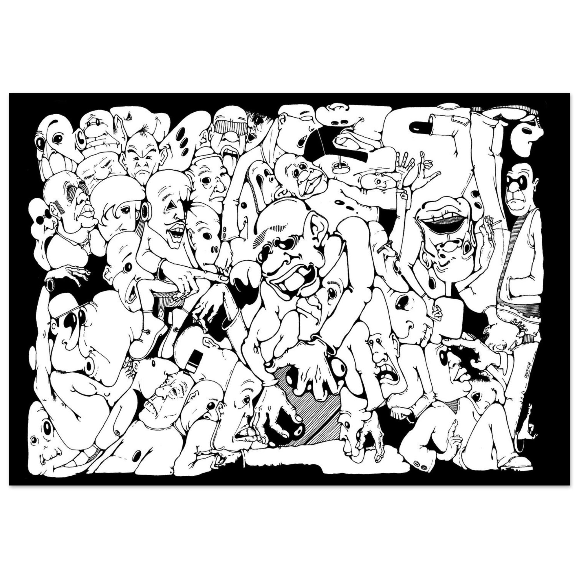 Irovich Surreal Faces Art Print, Chaotic Crowd Illustration, Abstract Emotions Wall Art