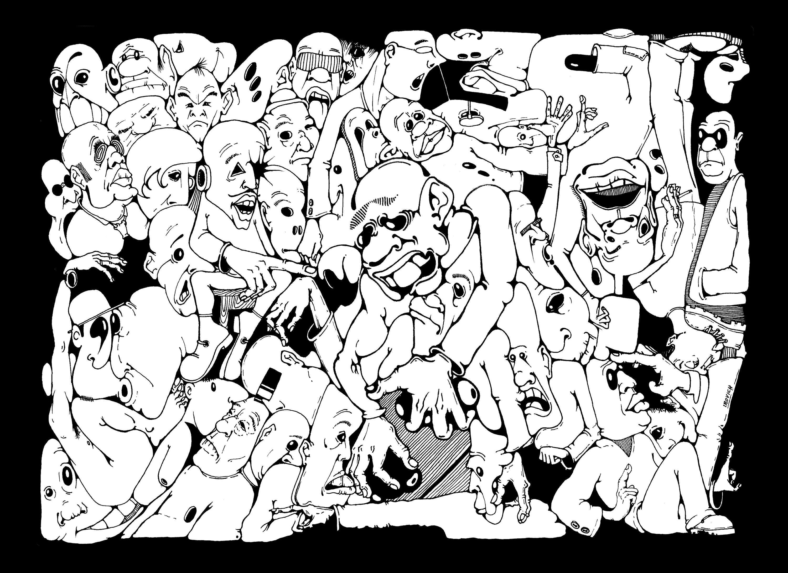 Irovich Surreal Faces Art Print, Chaotic Crowd Illustration, Abstract Emotions Wall Art
