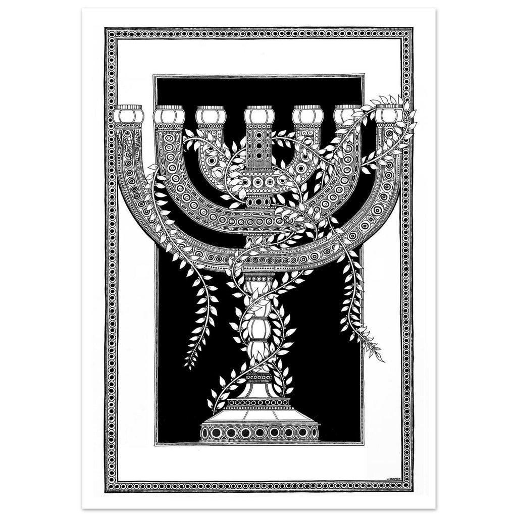 Menorah Poster, Judaica Illustration, Jewish Fine Print, Black White Decor
