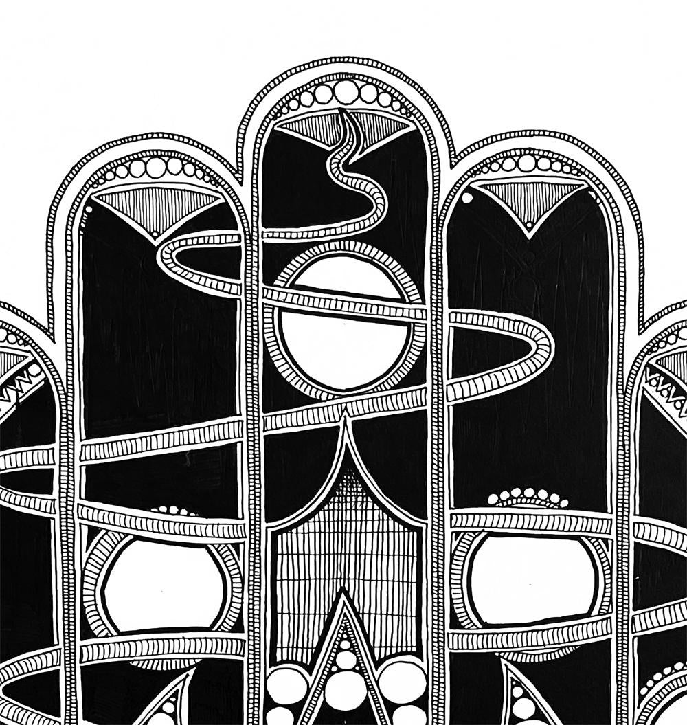 Hamsa Hand Wall Art Print, Black White Line Drawing, Judaica Decor, Lucky Charm Poster