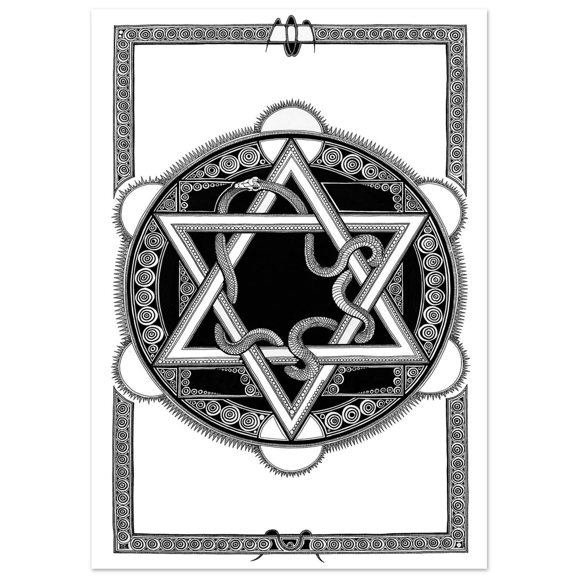Star of David artwork combined with the Ouroboros. MagenDavid Poster, Judaica Illustration, Sacred Symbol Fine Print, Monochrome Decor