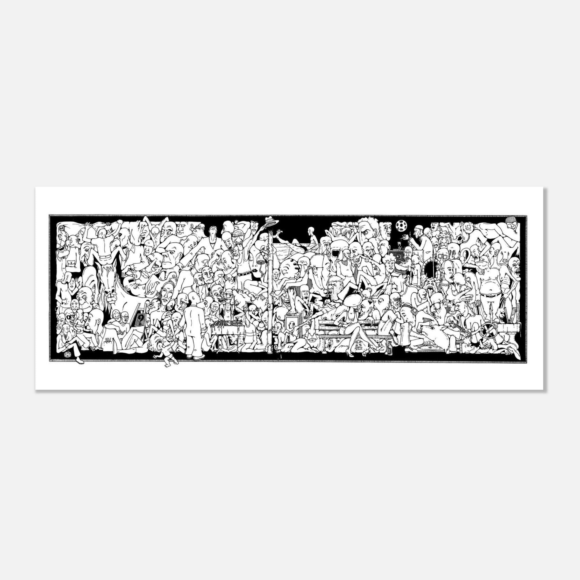Surreal Crowd Art Print, Black White Illustration, Wide Format Poster