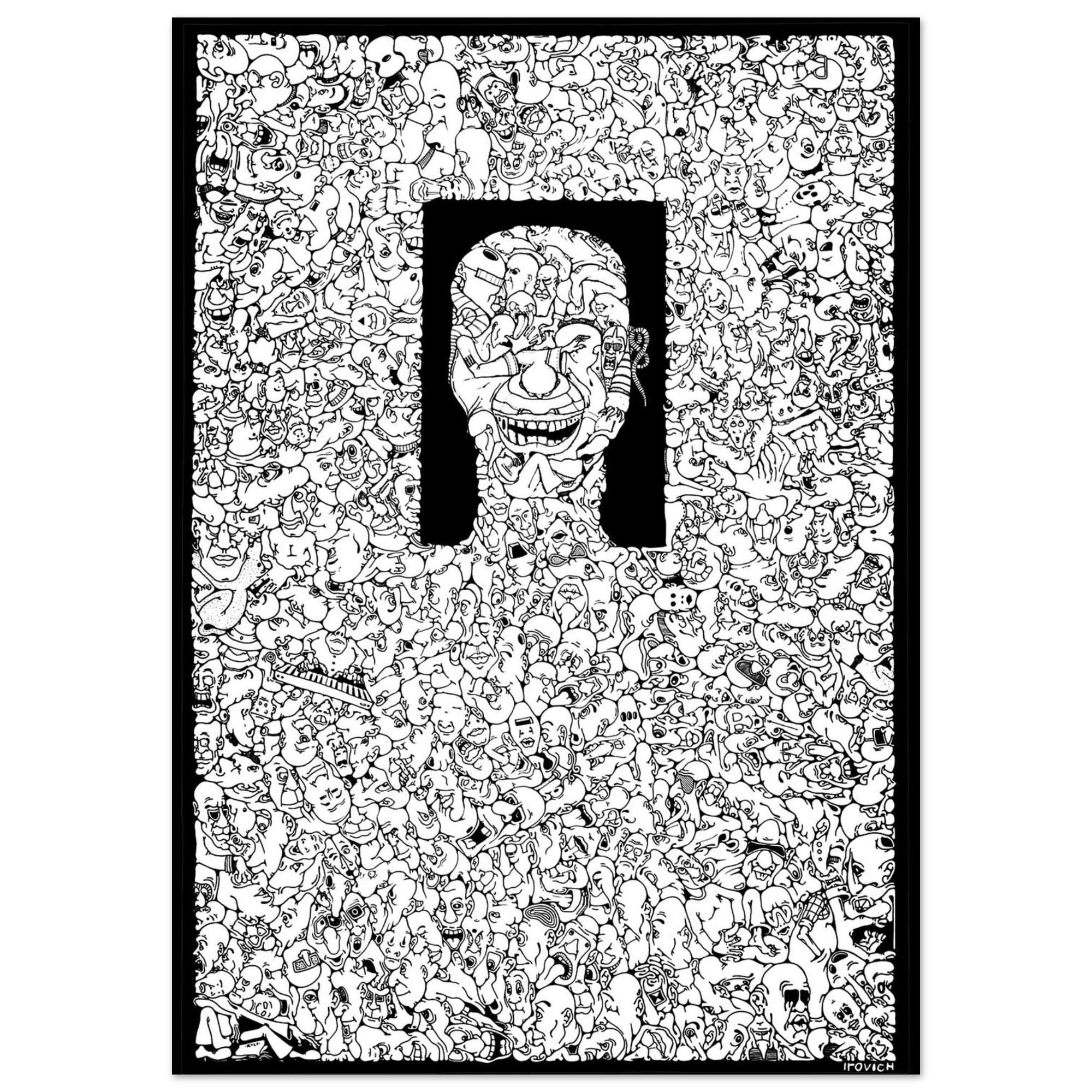 ZOOM IN/OUT. Conceptual Faces Poster, Black White Illustration, Fine Print, Modern Decor