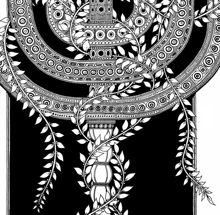 Menorah Poster, Judaica Illustration, Jewish Fine Print, Black White Decor