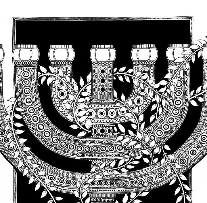 Menorah Poster, Judaica Illustration, Jewish Fine Print, Black White Decor
