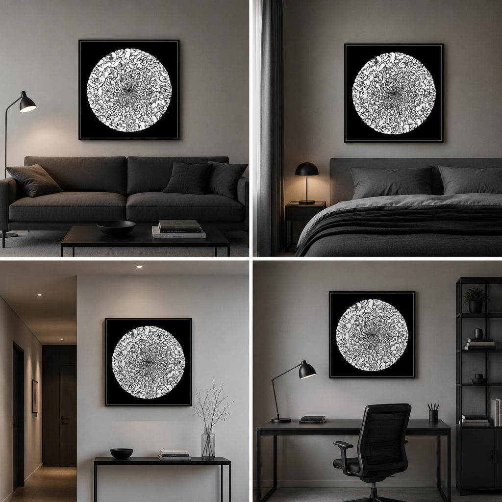 Crowd Sphere Print, Black White Illustration, Surreal Drawing, Contemporary Decor