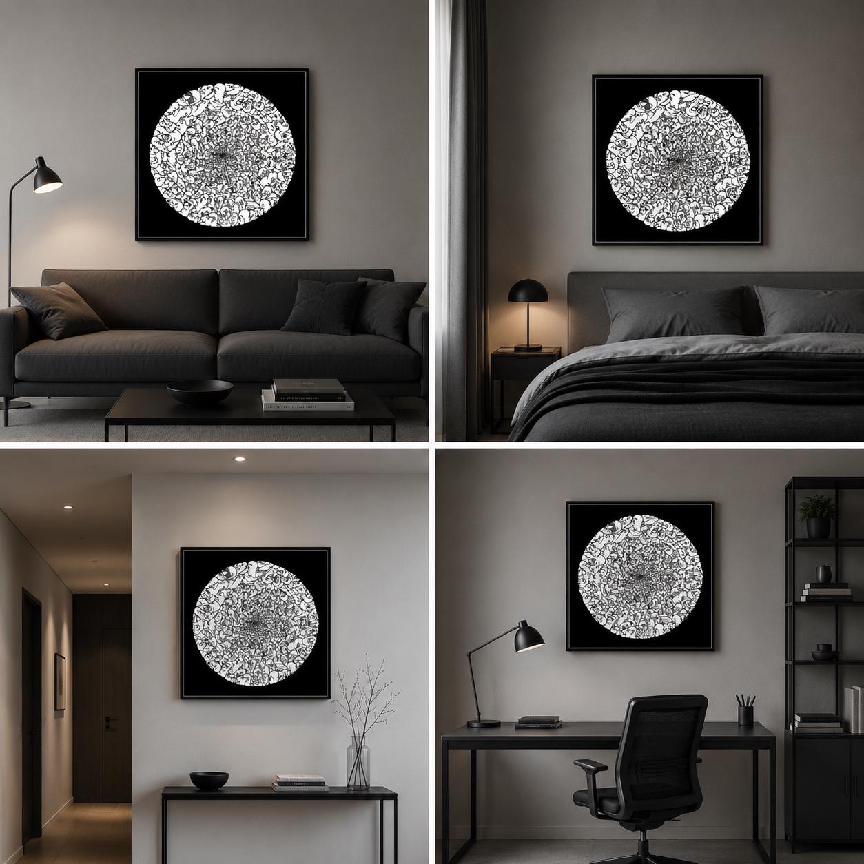 Crowd Sphere Print, Black White Illustration, Surreal Drawing, Contemporary Decor