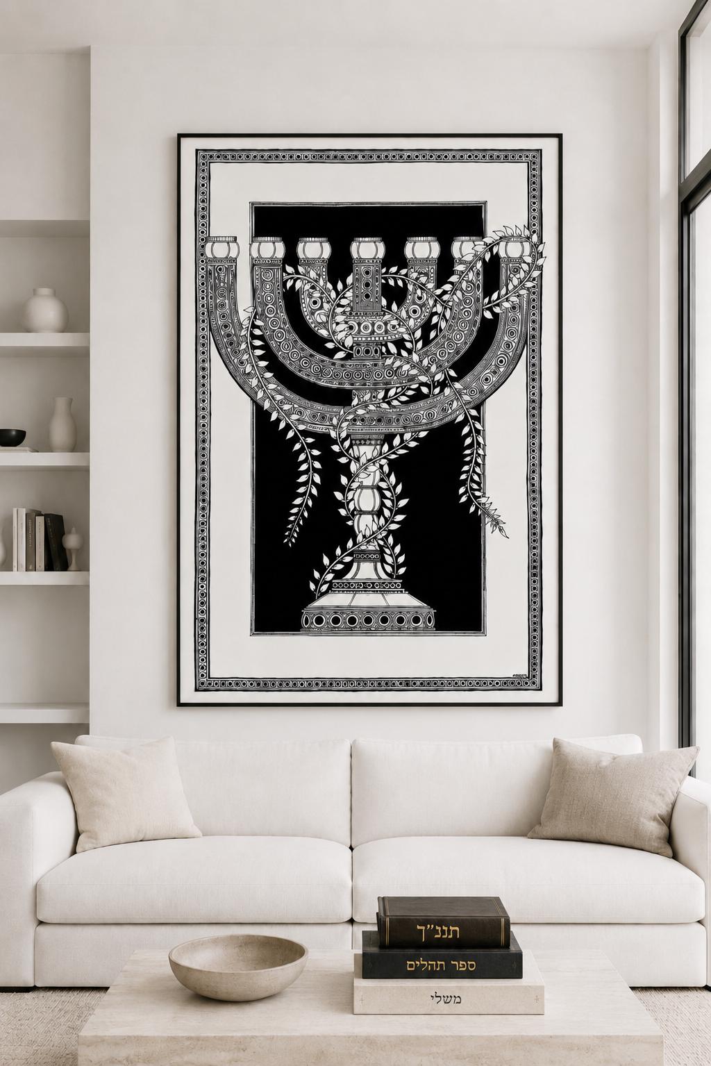 Menorah Poster, Judaica Illustration, Jewish Fine Print, Black White Decor