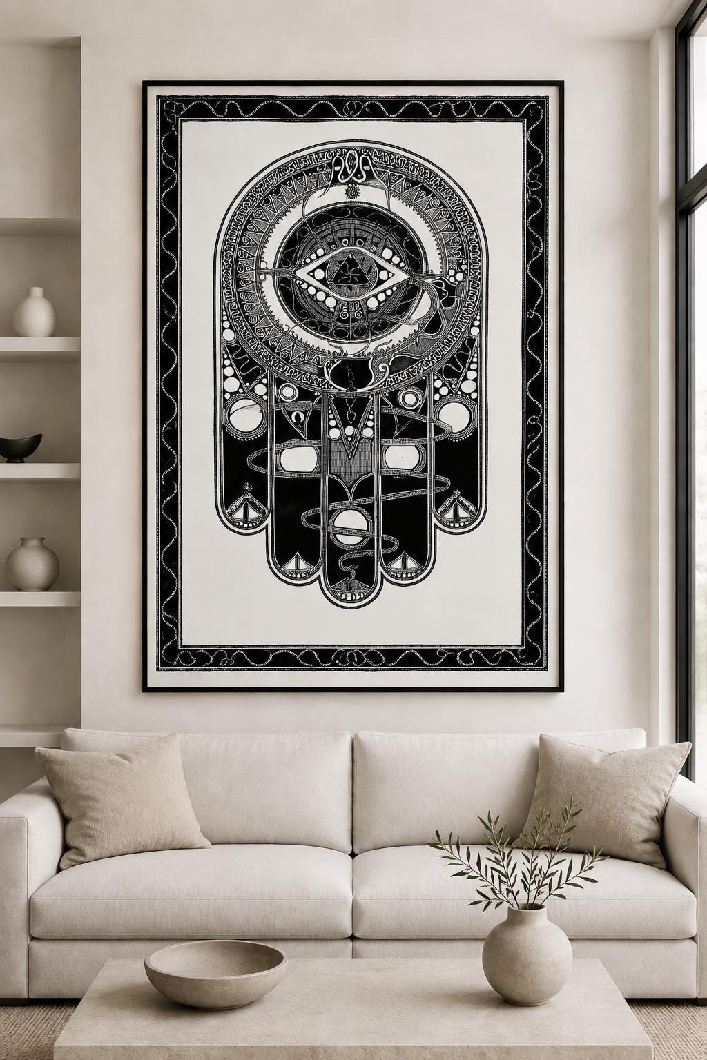 Hamsa Hand Wall Art Print, Black White Line Drawing, Judaica Decor, Lucky Charm Poster
