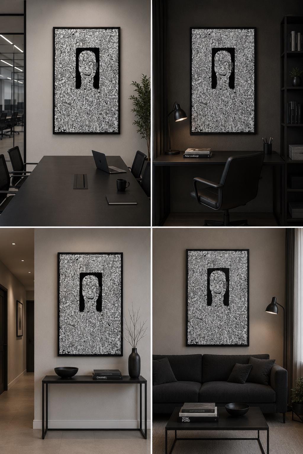 ZOOM IN/OUT. Conceptual Faces Poster, Black White Illustration, Fine Print, Modern Decor