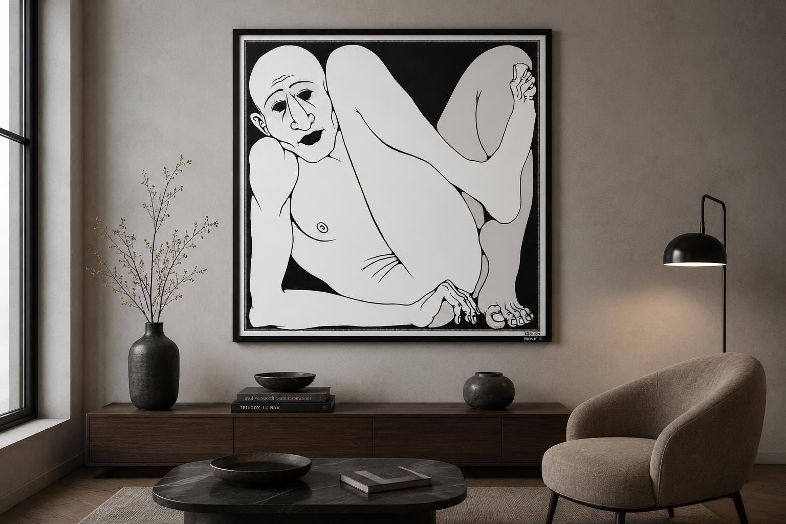Open Black Square. Surreal Figure Poster, Figurative Illustration, Black White Fine Print, Modern Decor