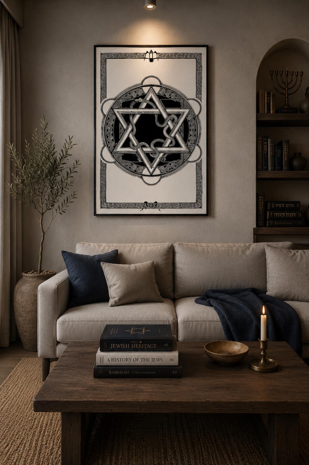 Star of David artwork combined with the Ouroboros. MagenDavid Poster, Judaica Illustration, Sacred Symbol Fine Print, Monochrome Decor