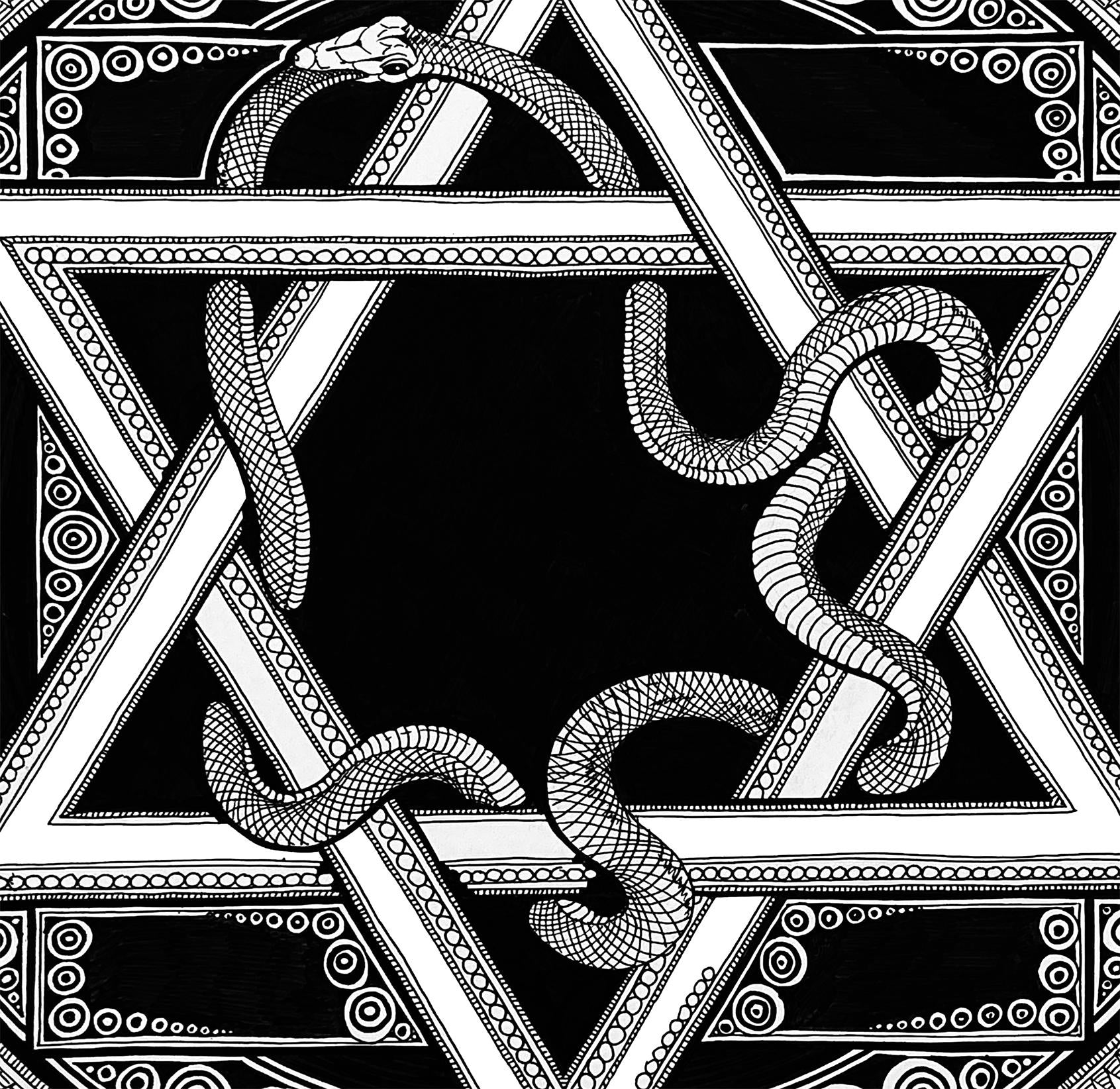Star of David artwork combined with the Ouroboros. MagenDavid Poster, Judaica Illustration, Sacred Symbol Fine Print, Monochrome Decor