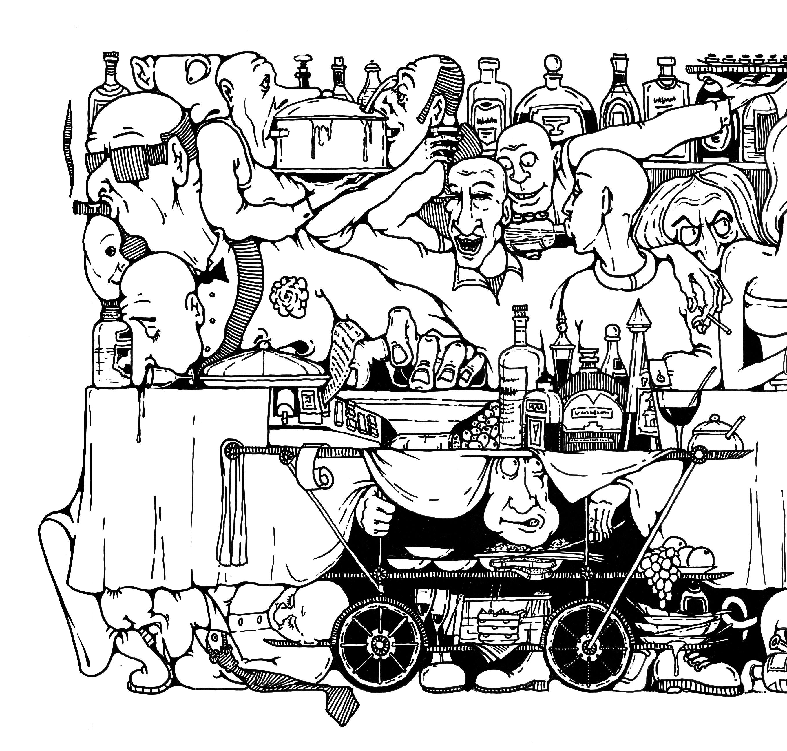 Surreal Crowd Art Print, Black White Illustration, Wide Format Poster