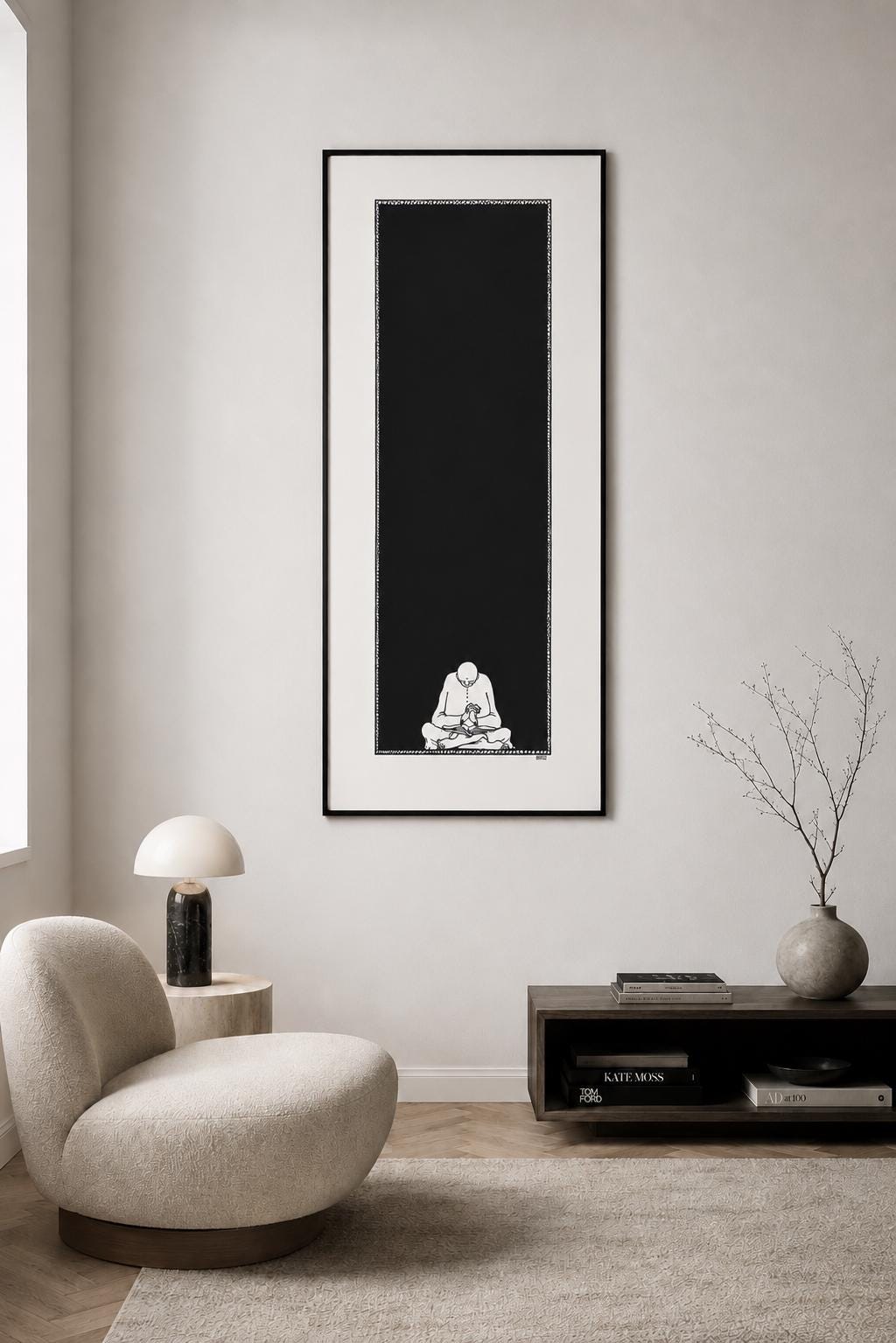Men with Book. Original Art Print, Solitary Reading Figure, Minimalist Wall Decor, Literary Illustration, Black White Fine Print