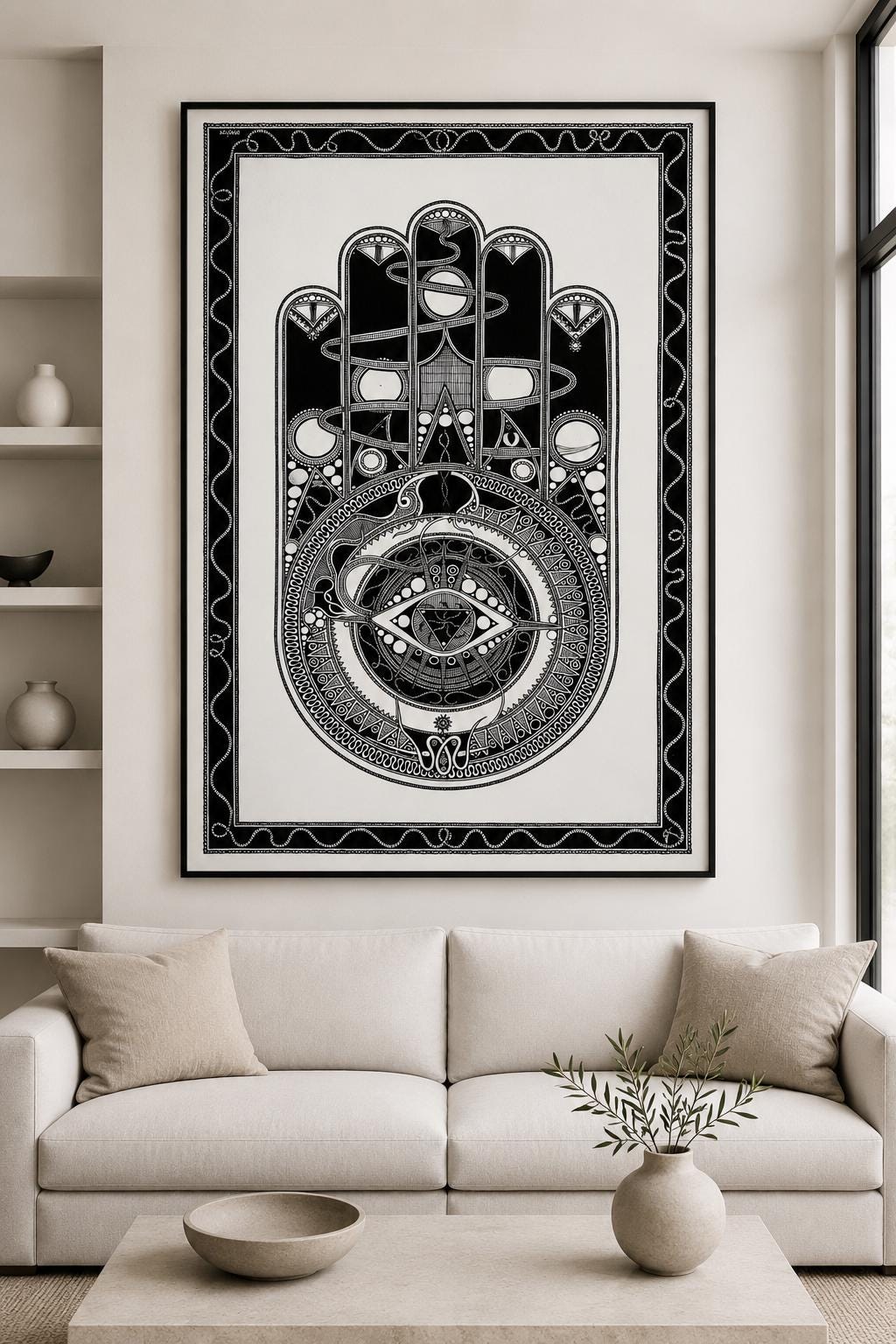 Hamsa Hand Wall Art Print, Black White Line Drawing, Judaica Decor, Lucky Charm Poster