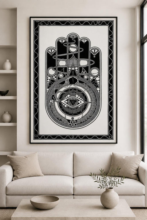 Hamsa Hand Wall Art Print, Black White Line Drawing, Judaica Decor, Lucky Charm Poster