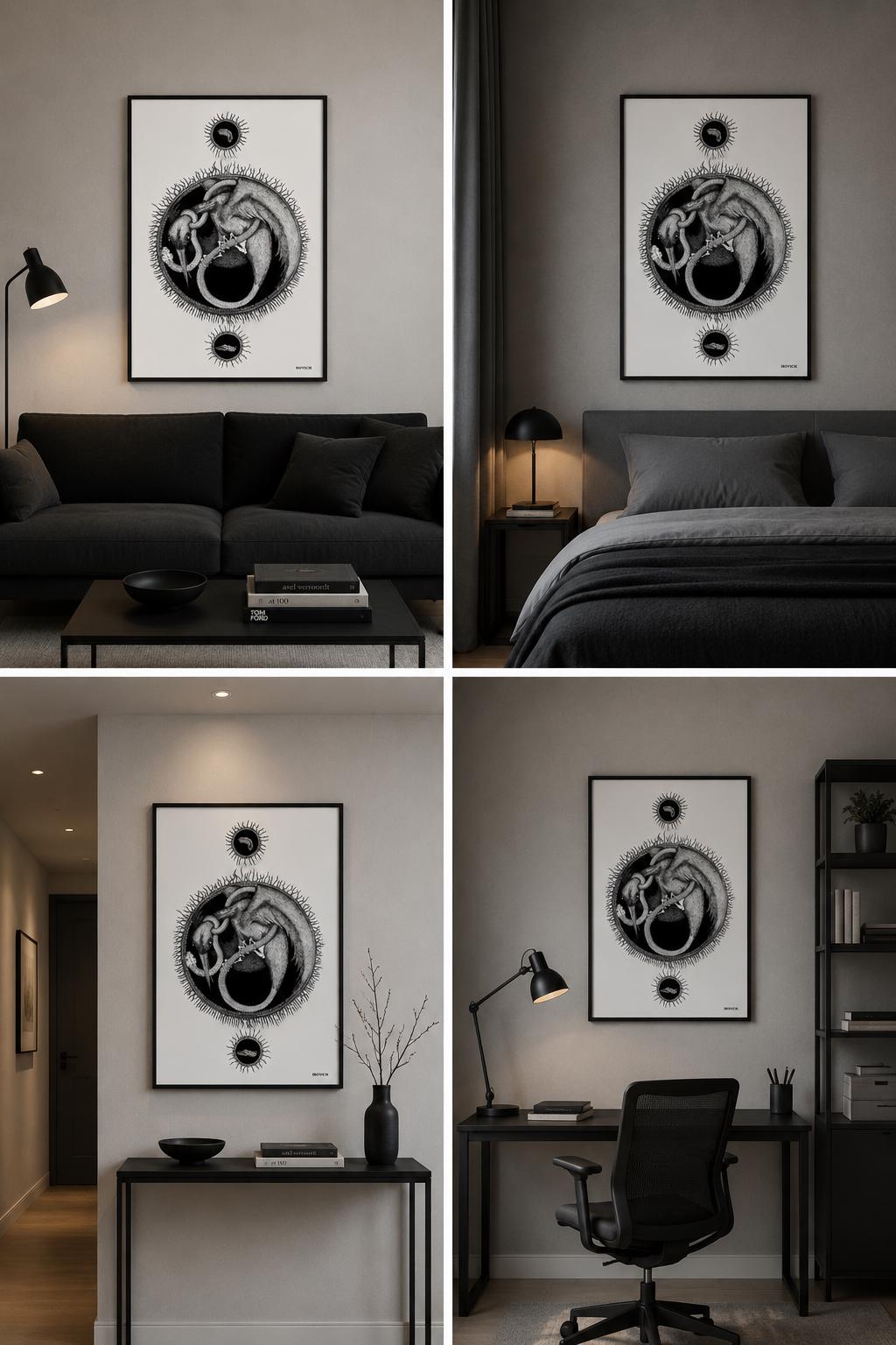 Self-Entwined (Yin-Yang) Ouroboros Poster, Yin Yang Illustration, Symbolic Fine Print, Monochrome Decor
