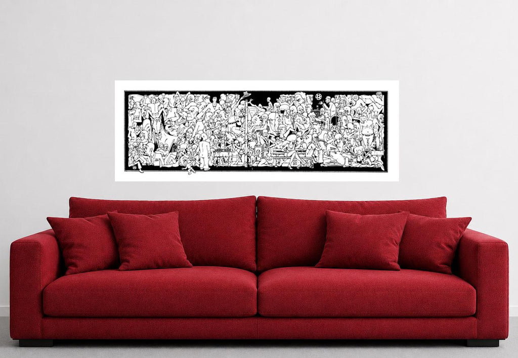 Surreal Crowd Art Print, Black White Illustration, Wide Format Poster