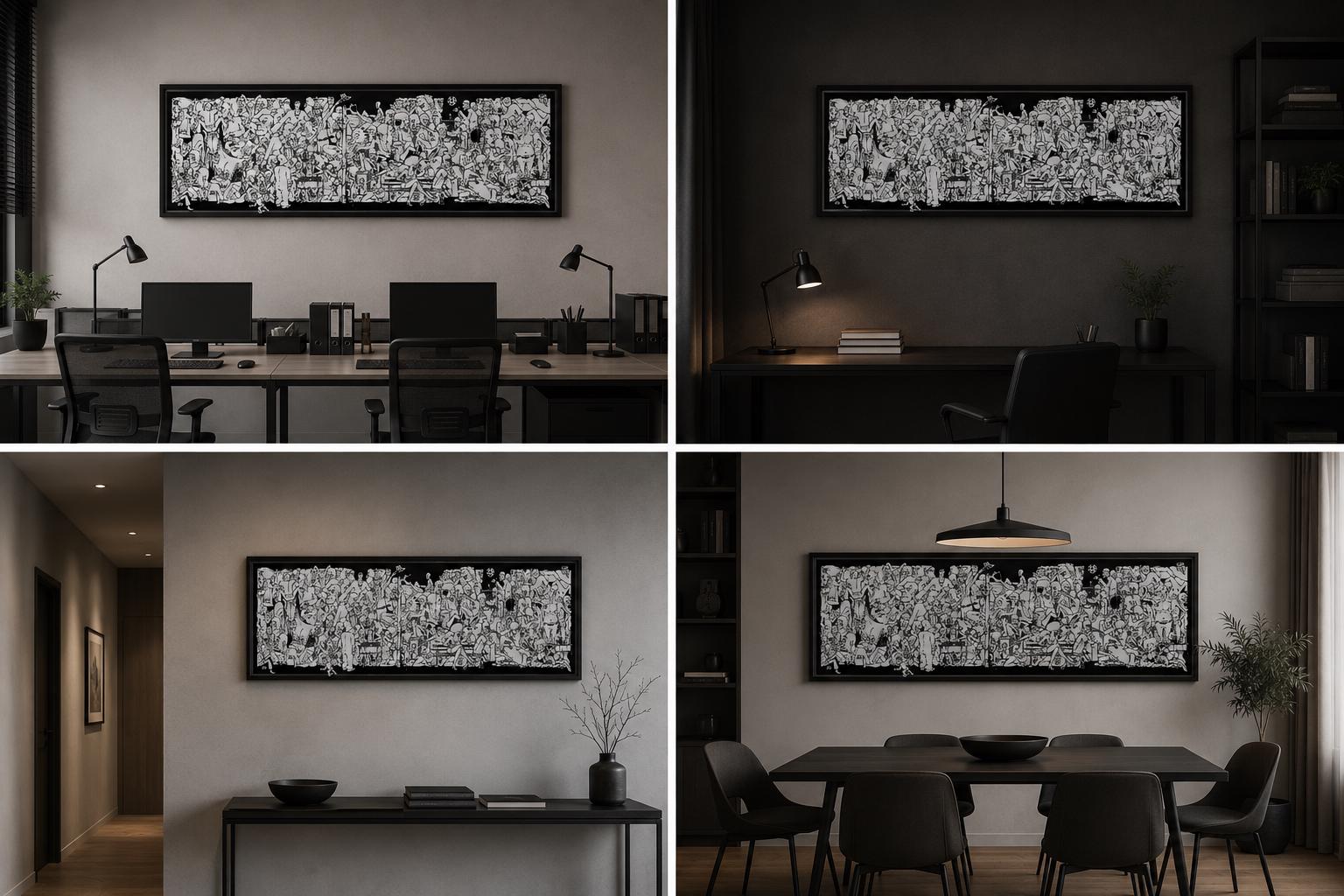 Surreal Crowd Art Print, Black White Illustration, Wide Format Poster